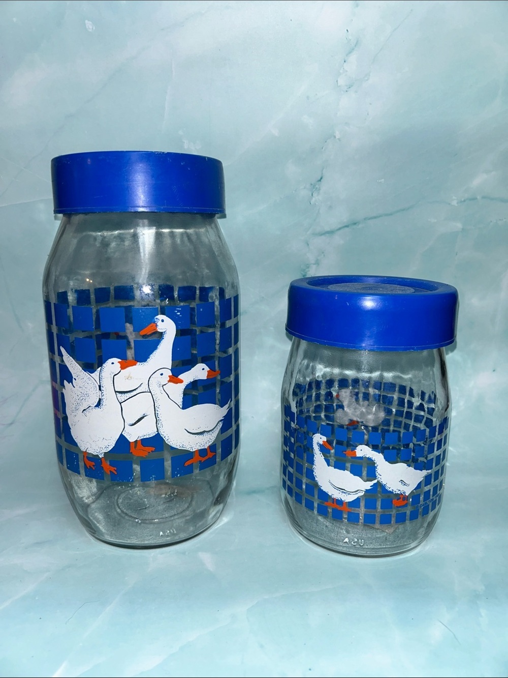 Carlton Glass Geese Clear Jar Blue Lid 1 and 2L Canister Goose Country Storage